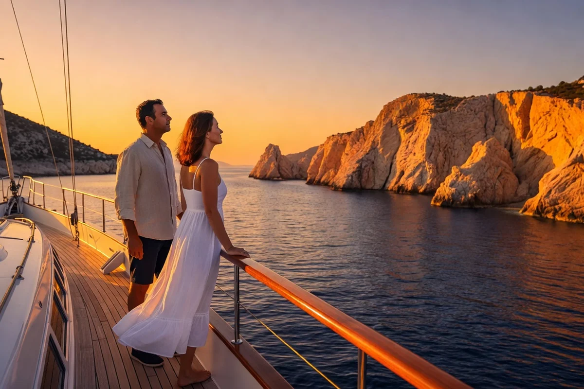 Couple de voyageurs admirant le coucher de soleil depuis la poupe d'un bateau aux Kornati